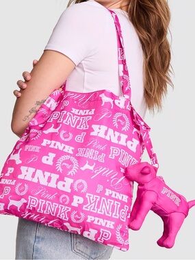 Victoria’s Secret PINK packable reusable bag in cute pink zipup dog